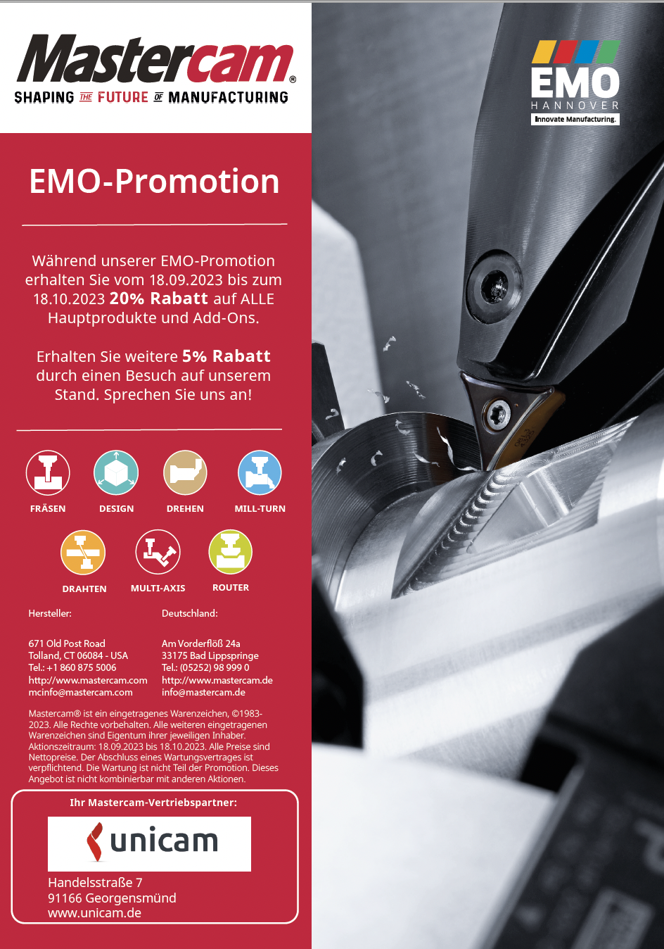 EMO Promotion 2023 - Jetzt Mastercam Rabatt sichern bei der unicam Software GmbH
